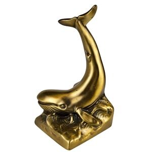 VTG PM Craftsman Brass Whale Bookend Coastal Beach Nautical Decor Gold Tone 50's